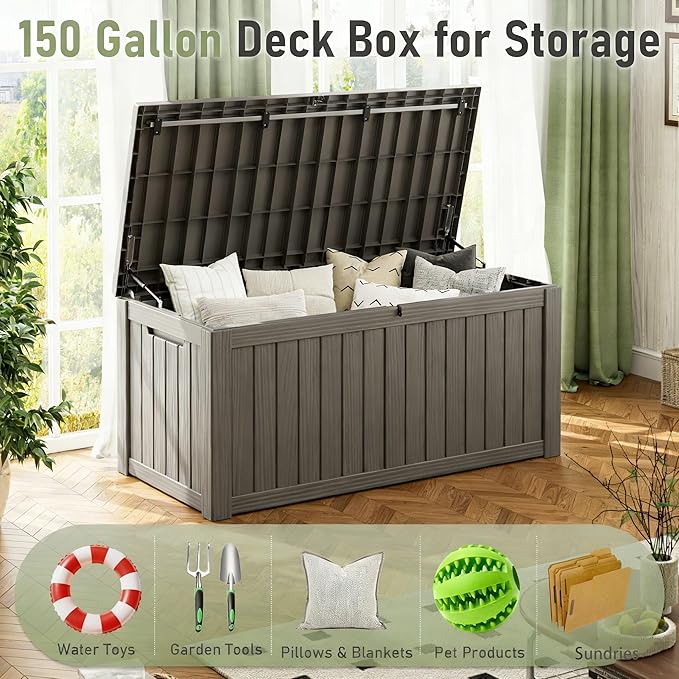 Outdoor Storage Box, Resin Deck Boxes Indoor and outdoor, Waterproof Storage Box Lockable Lid (Grey, 150 Gallon)