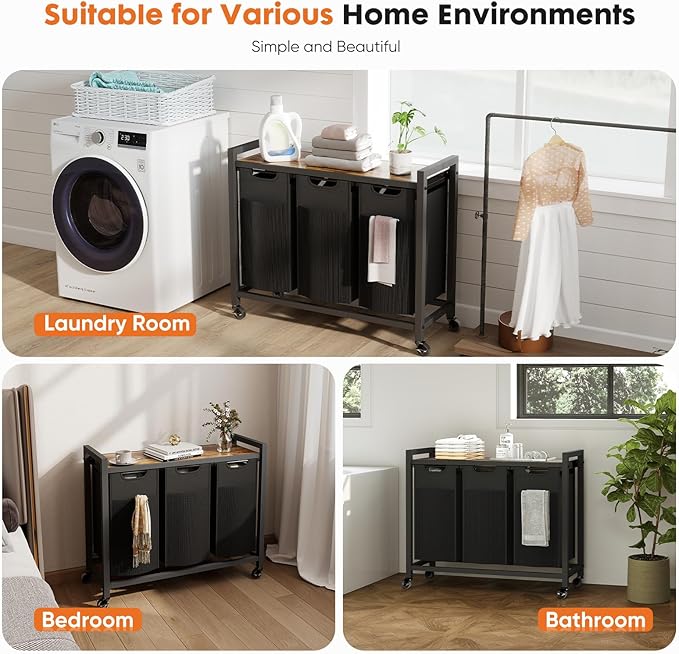 Sweetcrispy Laundry Hamper with 3 Pull-Out Removable Sorter Bags, Movable Wheels, Freestanding Clothes Basket Organizer in Bathroom, 3 × 10.6 Gal (120L) Capacity, Rustic Brown and Black