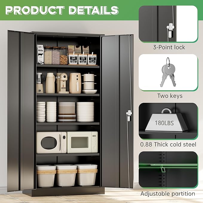 INTERGREAT 72-Inch Metal Storage Cabinet for Garage, Lockable Steel Cabinet with Doors and Adjustable Shelves, Black Locking Storage Unit for Office, Home, Gym, and School.