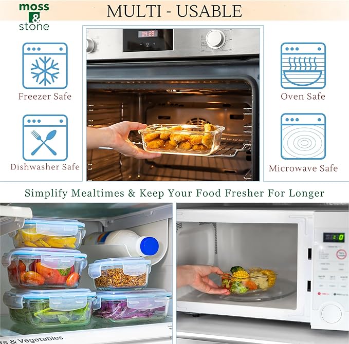 Moss & Stone 10-Piece Borosilicate Glass Meal Prep Containers – 100% Leak-Proof Snap-Lock Lids, Airtight & BPA-Free – Freezer, Microwave & Oven Safe (Glass Only) – Stackable/Nestable Food Storage Set