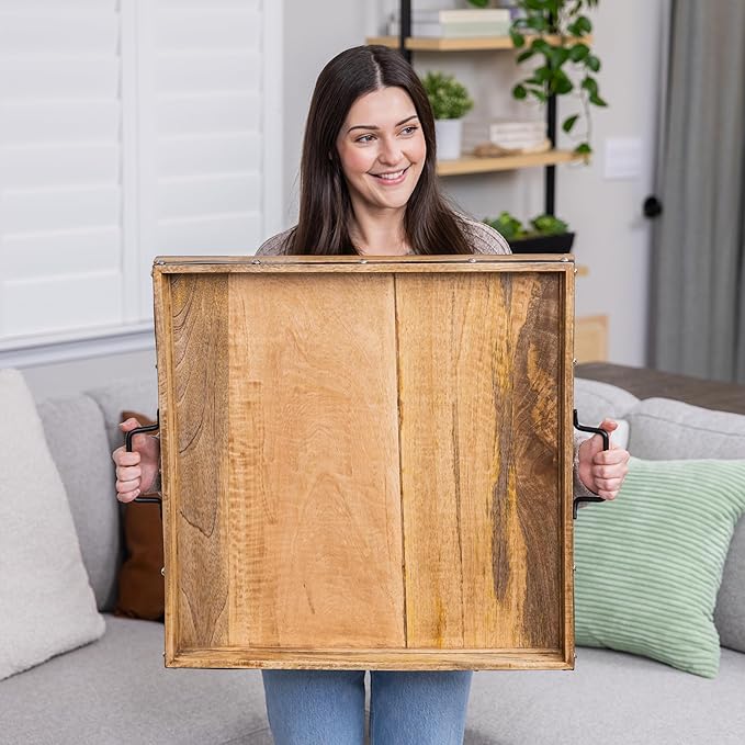 24"x24" Extra Large Square Ottoman Tray, Heavy Duty Mango Wood, for Serving Tea, Breakfast in Bed, Living Room Large Coffee Table Tray Rustic with Farmhouse Style, Decorative Handles and Accent Strap