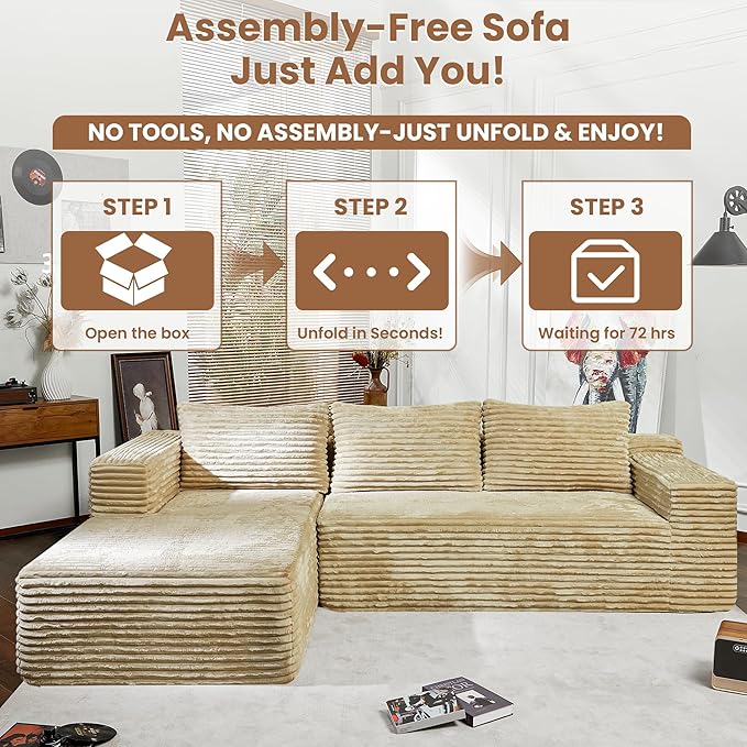 Bashaw 108" Cloud Sectional Couch Sofa with L-Shape Chaise, Modern Modular Sofa Couch Upholstered Couches for Living Room Bedroom, No Assembly Required (Beige, L Shape)