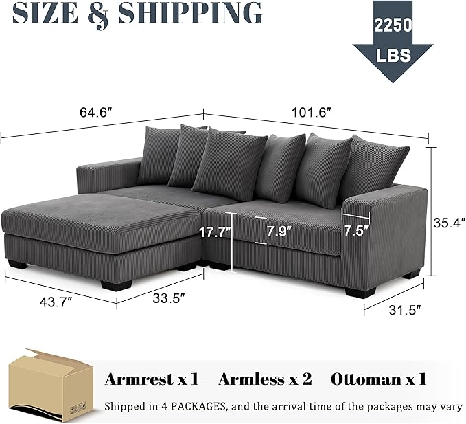 101.6" Deep Seat Modular Sectional Sofa, Thickened Corduroy Sectional Couches for Living Room, Comfy L-Shaped Upholstered Cloud Couch with Chaise, Widened Armrests for 4 People, Dark Grey