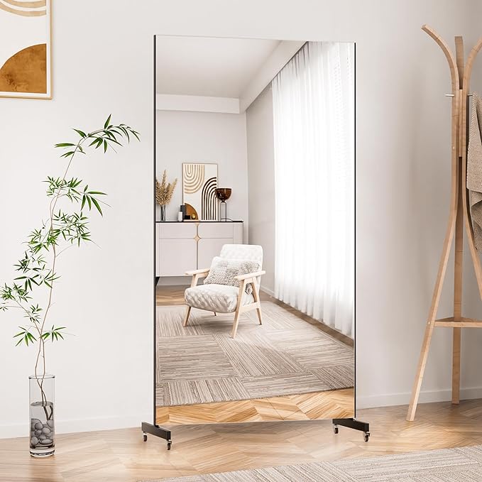 Full Length Mirror with Wheels, 79" x 44", Black, Nano Film Material Without Glass, shatterproof, Safe, Lightweight, only 16lbs Easy to Move and Install, for Home Gym, Dance & Yoga Studios.