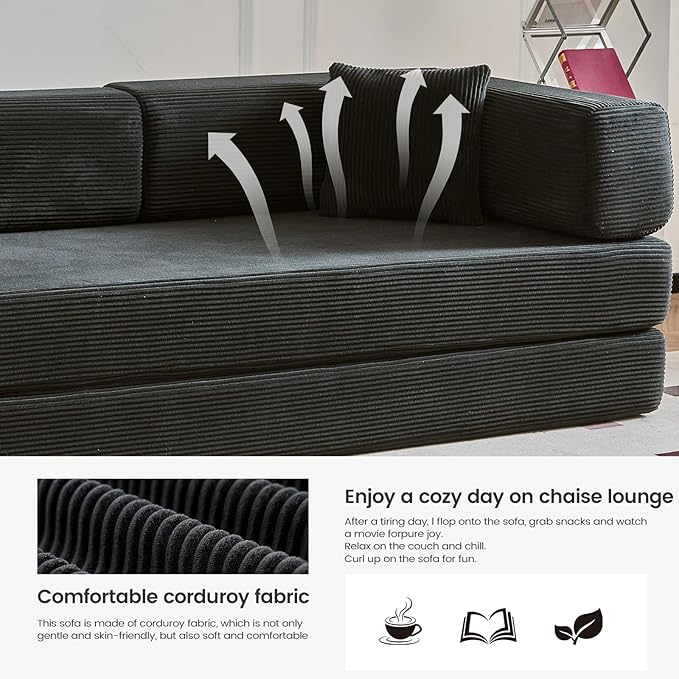 Folding Sofa Bed Convertable Corduroy Couch King Size Floor Sleeper 4-in-1 DIY Combination Modular Sofa Fold Out Futon Lounge Comfy Foldable Lazy cama for Living Room (Black, 80.15")