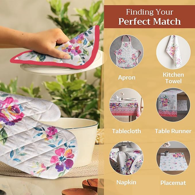 Maison d' Hermine Pot Holders 100% Cotton Heat Resistant Potholders 8" x 8" Hot Pads with Loop BBQ, Cooking, Baking, Grilling, Kitchen, Handling Hot Pans Spring/Summer (Pack of 1, Rose Garden)