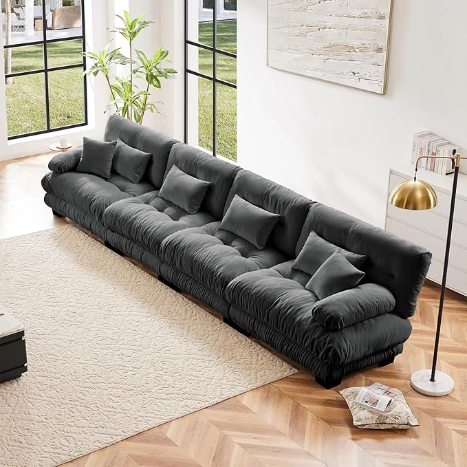 173.2" Oversized Couch, 4 Seater Modular Sectional Sofa, Grey Sectional Fluffy Couch Set, Chenille Cloud Couches with 6 Pillows, Deep Seat Sofas for Living Room