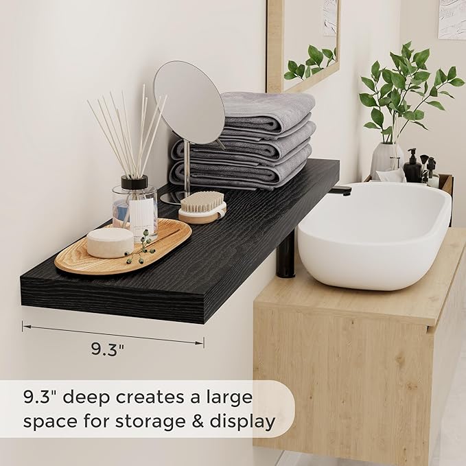 Fun Memories Floating Shelves for Wall, 36 x 9.3 Large Floating Shelf Wall Mounted Set of 2, Rustic Wood Shelves for Bathroom, Kitchen, Living, Heavy-Duty Storage Deep Shelf for Books, Decor, Black