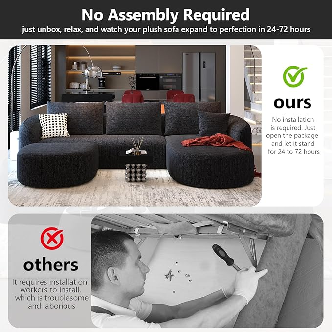 111" Modular Sectional Couches Luxury Modern Curved Back U-Shape Sofa Set with Ottoman,Minimalist Comfy Boneless Cloud Couch for Living Room Apartment,(Right Facing Chaise,Black)