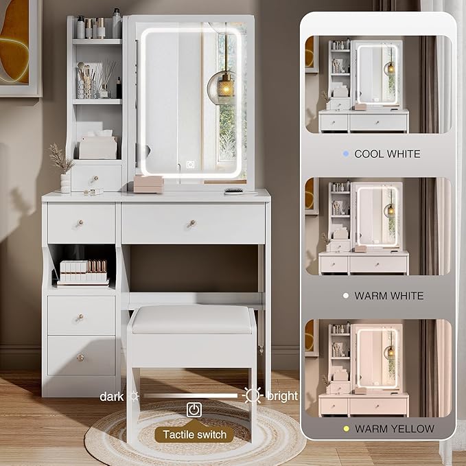 Makeup Vanity Desk Set with LED Lights, 3-Mode Adjustable Lights, Small Vanity with Chair，Compact Space Storage Shelves, Hair Dryer Holder Compact Vanities Table for Bedroom, White