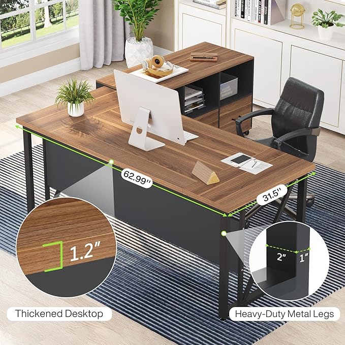 Tribesigns 63 inches Executive Desk and 47" lateral File Cabinet, L-Shaped Computer Desk Home Office Business Furniture with Drawers and Storage Shelves, Office Table,Brown and Black