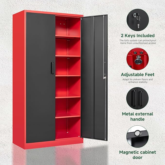 Letaya Metal Garage Storage Cabinets with Lock, 72" Tall Locker Organizer Steel Tool Cabinets,5 Adjustable Shelves 2 Doors for Home Office, Warehouse,Garage,Industrial,Employee (Black Red)