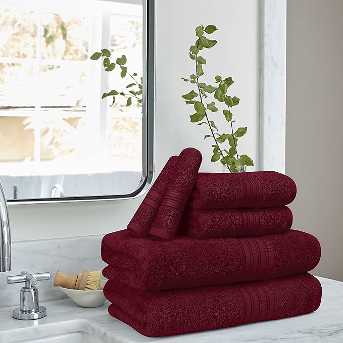 BOUTIQUO 6 Pack Cotton Towel Set, Contains 2 Bath Towels 28x55 inch, 2 Hand Towels 16x24 inch & 2 Wash Coths 12x12 inch, Ideal Everyday use, Ultra Soft Compact & Lightweight - Burgundy