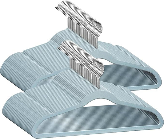 50 Premium Kids Velvet Hangers - 14" Non-Slip Ultra Slim Space-Saving Clothes Hangers with 360° Swivel Hook - Strong & Durable Hangers for Children & Preteens Wardrobe - Blue