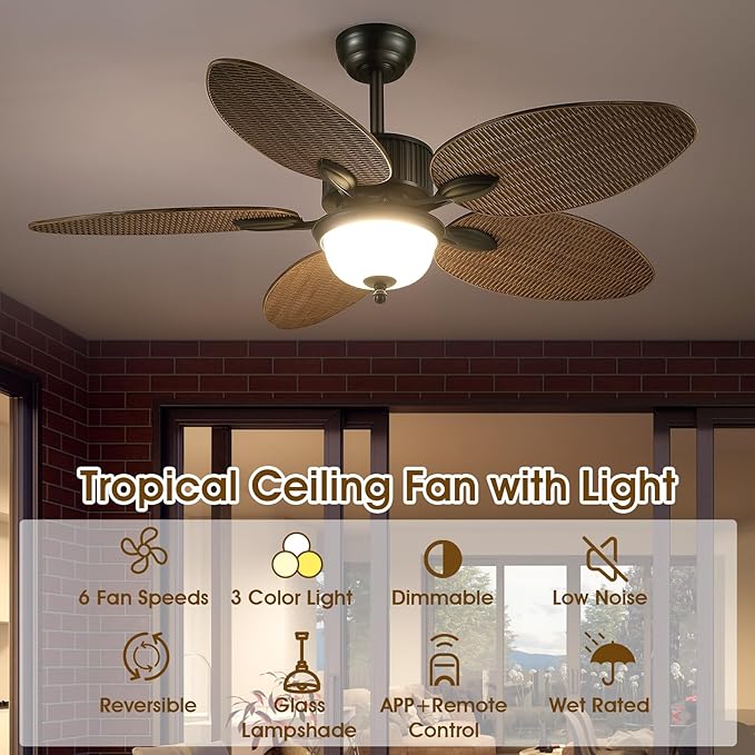 50 Inch Tropical Ceiling Fans with Lights and Remote/APP Control, Outdoor Waterproof Palm Leaf Ceiling Fan for Patios Porches, Wet Rated, Glass Lampshade, 6 Speeds, Quiet, Wood Grain