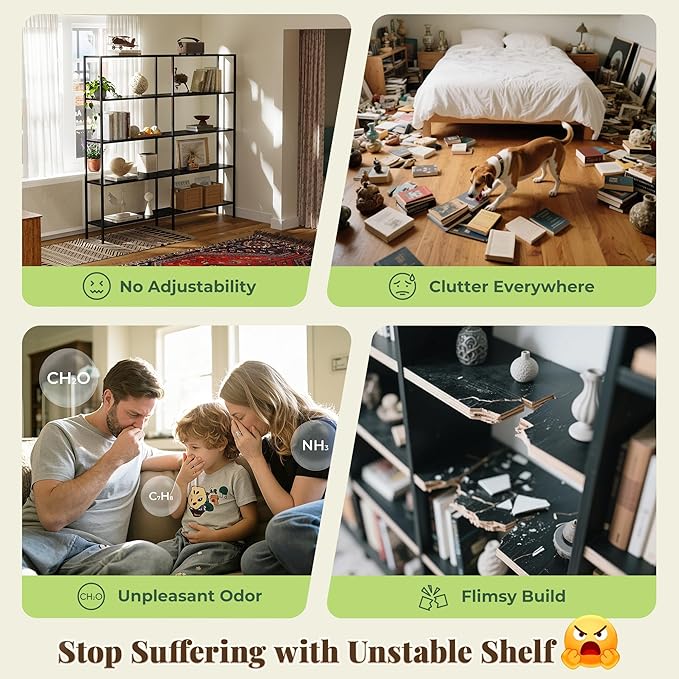 Huuger 6 Tier Bookshelf, L Shaped Corner Bookshelf with Open Shelves, 49.4 Inch Straight Wide Bookcase with Metal Frame and Wooden Board, Adjustable Feet, Black