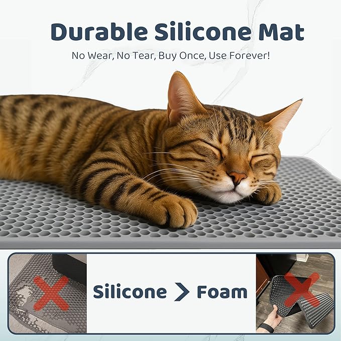 Silicone Litter Box Mat 24"x15" (Keep Floor Clean)(Easy Clean)(Anti-Crease)(Built to Last)(Non-Slip)(Double Layer Detachable)(Soft on Paws)(Claw-Proof)