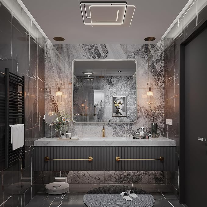 Silver Framed Mirrors for Bathroom,36 x 36 Inch Rounded Conner Rectangle Mirror for Wall, Matte Silver Vanity Mirror with Tempered Glass,Hangs Horizontally or Vertically