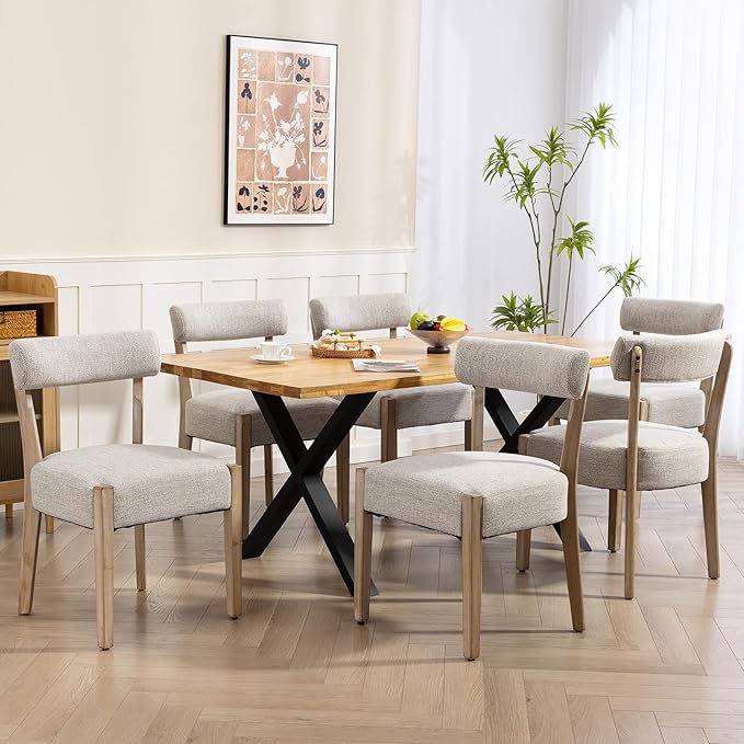 Dining Chairs,Set of 6 Mid-Century Modern Wooden Kitchen Chairs with Linen Upholstery - Low-Back Woven Design for Kitchen & Dining Room,Oatmeal Fabric