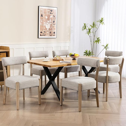 Dining Chairs,Set of 6 Mid-Century Modern Wooden Kitchen Chairs with Linen Upholstery - Low-Back Woven Design for Kitchen & Dining Room,Oatmeal Fabric