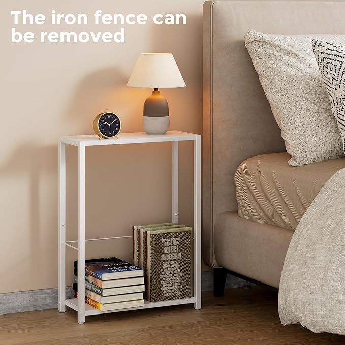 Narrow Side Tables Set of 2 with Magazine Holder, Skinny End Tables Perfect for Small Spaces, Space-Saving Design for Living Room, Bedroom, or Office, 7.1" D x 16.9" W x 23.6" H, White