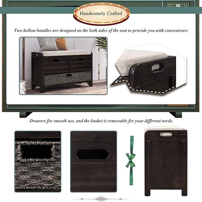 Fully Assembled Storage Bench with Cushioned Seat, 2 Drawers & Removable Basket, Solid Wood Entryway Shoe Bench for Bedroom, Hallway, Living Room (Espresso)