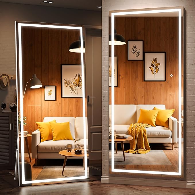 Full Length Mirror with Lights, 79" x 36" LED Lighted Floor Standing Mirror, Tempered Glass, Square White