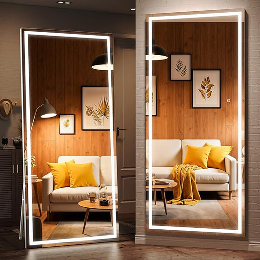 Full Length Mirror with Lights, 79" x 36" LED Lighted Floor Standing Mirror, Tempered Glass, Square White