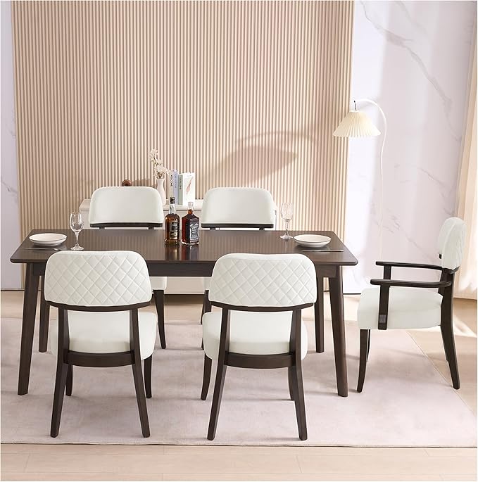 Modern Wood Dining Chairs Set of 5, Velvet Upholstered Kitchen Chairs with Open Curved Backrest & Black Hardwood Legs for Vanity, Living Room, 350 LBS Capacity, White