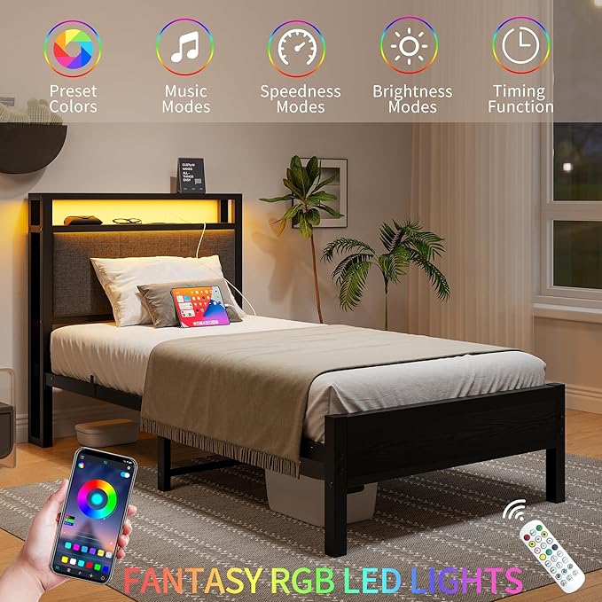 Twin Bed Frame with Charging Station and LED Lights,Upholstered Headboard with Storage Shelves,Heavy Duty Metal Slats, No Box Spring Needed,Noise Free, Easy Assembly,Black and Dark Grey