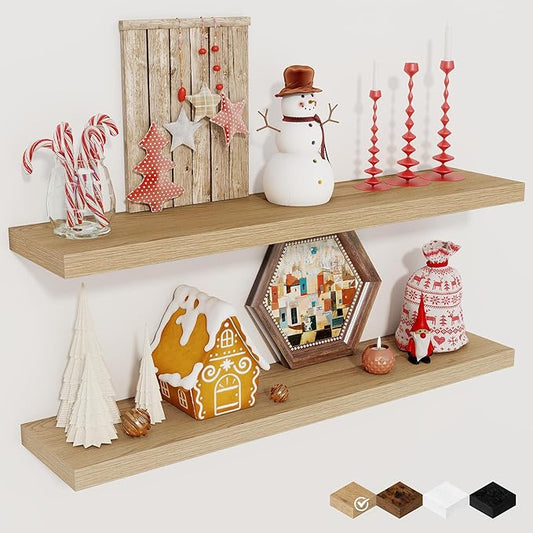 Fun Memories Floating Shelves for Wall, 30" Rustic Wood Deep Wall Mounted Shelves with Invisible Brackets for Decor & Storage, Floating Shelf for Living Room, Bathroom (Oak, Set of 2)