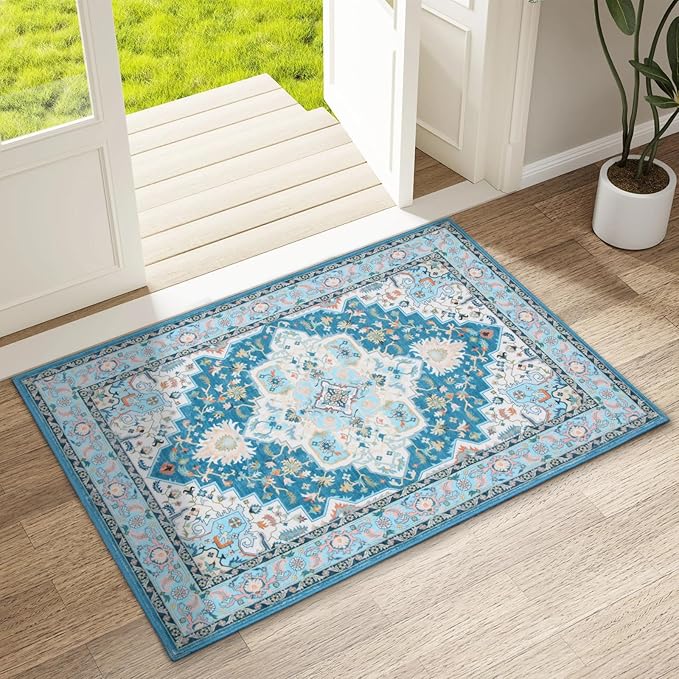 WILLSUN Washable Area Rugs, 2x3 Non-Slip Boho Small Area Rugs for Entryway, Kitchen, Bathroom, Machine Washable Vintage Rug, Indoor Floral Print Carpet for Home Decor, Kid & Pet Friendly Mat