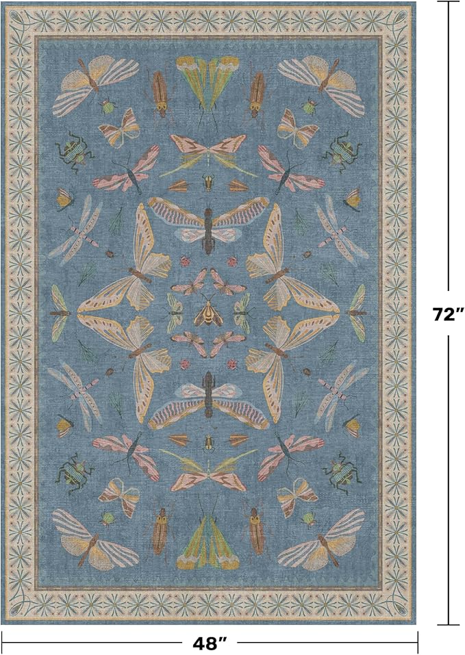 Washable 4x6 Small Rug for Living Room, Area Rug for Kitchen, Bedside, Large Entryway Indoor - Stain Resistant Non Slip with Rubber Backing, Insect Print Aethestic Décor, Light Blue & Aqua