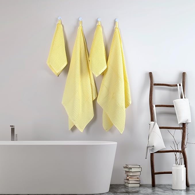 Püskül - Luxury Waffle Towel Set for Bathroom 4 Pieces Yellow, Premium Quality Organic 100% Turkish Cotton 2 Hand and 2 Bath Towels Sets, Quick Dry Thin Waffle Towels, Made in Turkiye (Light Yellow)