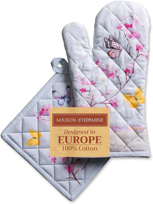 Maison d' Hermine 100% Cotton Oven Mitt & Pot Holder Set (7.5"x13" & 8"x8") Heat Resistant BBQ Cooking Gloves with Loop, Baking, Grilling, Kitchen, Handling Hot Pans Spring/Summer (Blossoms In Spring)