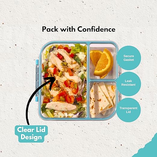 MyGo Pro Square Container, 3-Compartment Clear Heavy Duty Plastic Food Storage Container, Portable Sleek Design, Spill-Resistant with Removable Gasket, 7.25" L X 7.25" W X 2" H