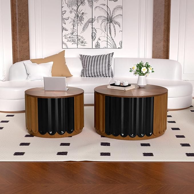 Round Nesting Coffee Table Set of 2, Round Fluted Coffee Tables with Storage for Living Room Modern Nesting End Side Tables for Small Spaces (A Storage Light Brown)