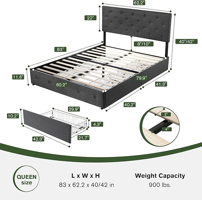 MUTICOR Queen Size Bed Frame with 4 Storage Drawers, Upholstered Platform Bed with Button Tufted Adjustable Headboard, No Box Spring Needed, Easy Assembly, Diamond Tufted, Dark Grey Fabric