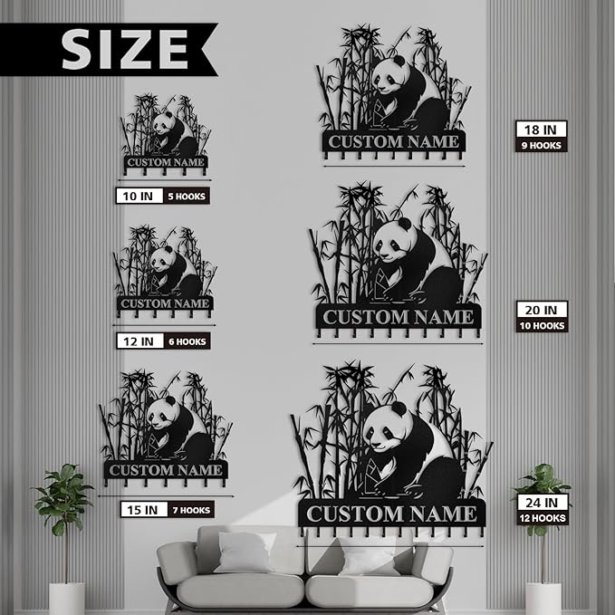 Bamboo Panda Animal Wall Key Holder | Metal Key Organizer with Hooks | Coat Rack & Wall Decor for Front Door & Hallway