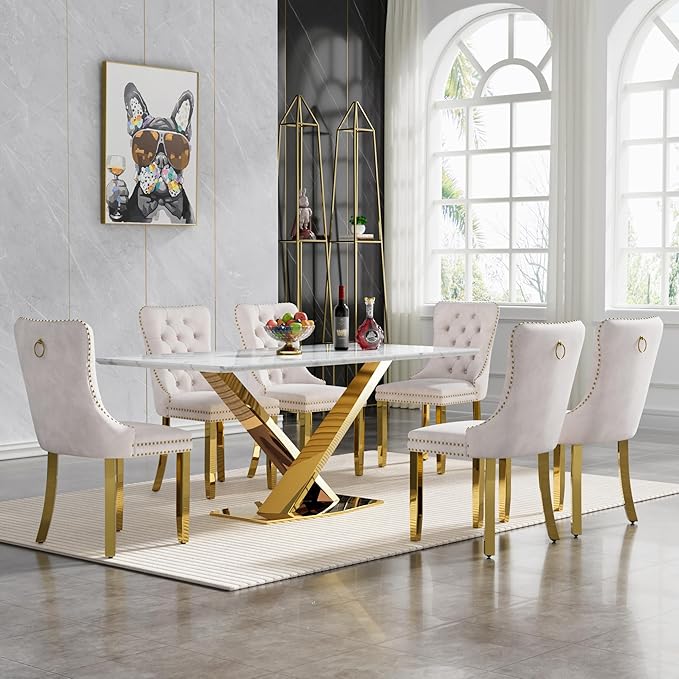70" Faux Marble Dining Table Set for 6, 7-Piece Dining Set with White Gold Kitchen Table and 6 Velvet Tufted Chairs, Modern Rectangular Dining Room Table with X-Shape Stainless Steel Base