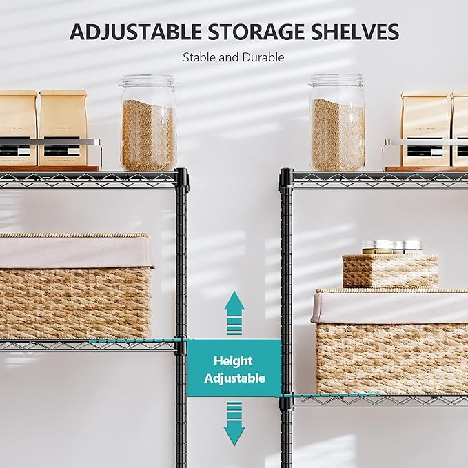 IZEUK 5-Tier Black Metal Storage Shelves, Adjustable Wire Shelving Unit for Kitchen, Bathroom, Pantry, Office, Garage, Organizer Wire Rack, 1250 lbs, 13.7" D x 23.6" W x 53.4" H