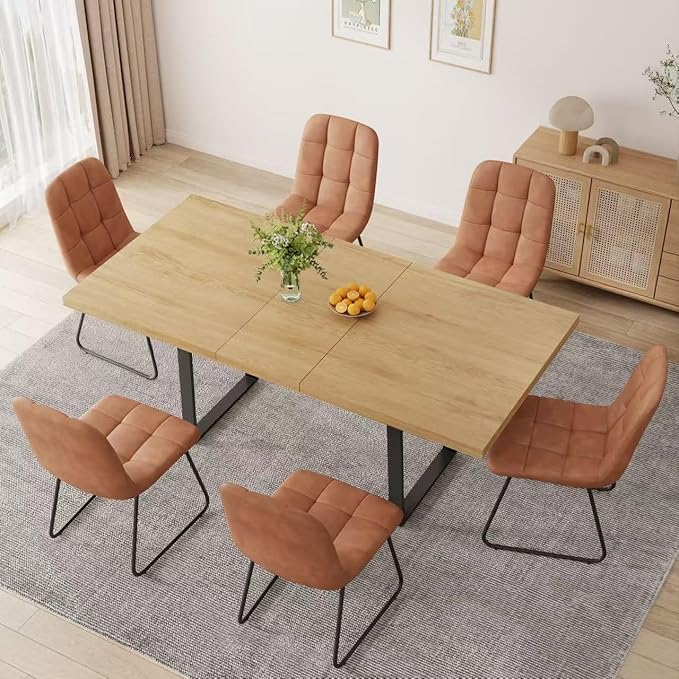 ZckyCine 7-Piece Modern Dining Set, 67" Expandable Oak Dining Table with 6 Brown Faux Leather Upholstered Chairs, Extendable Kitchen Table Set for 6, Scratch-Resistant, Easy Assembly