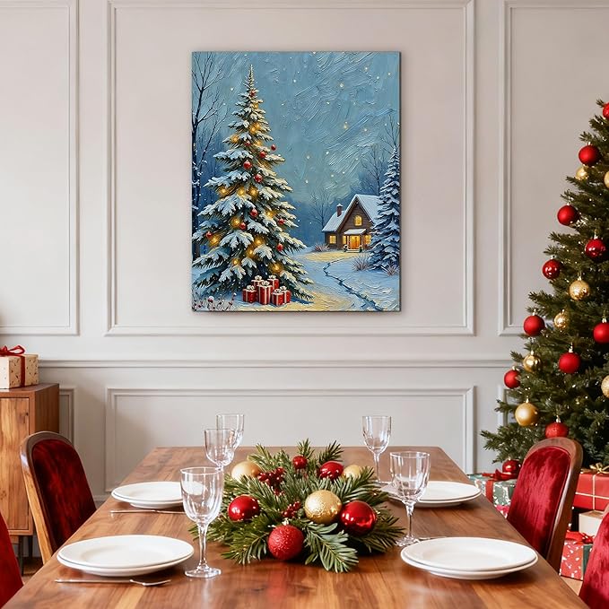 Framed Christmas Pictures Wall Decor,Vintage Pine Tree Prints,Winter Christmas Canvas Wall Art Decoration for Bedroom Bathroom Living Room Rustic Xmas Holiday Gifts (Christmas Tree 20, 16'' X 24'')