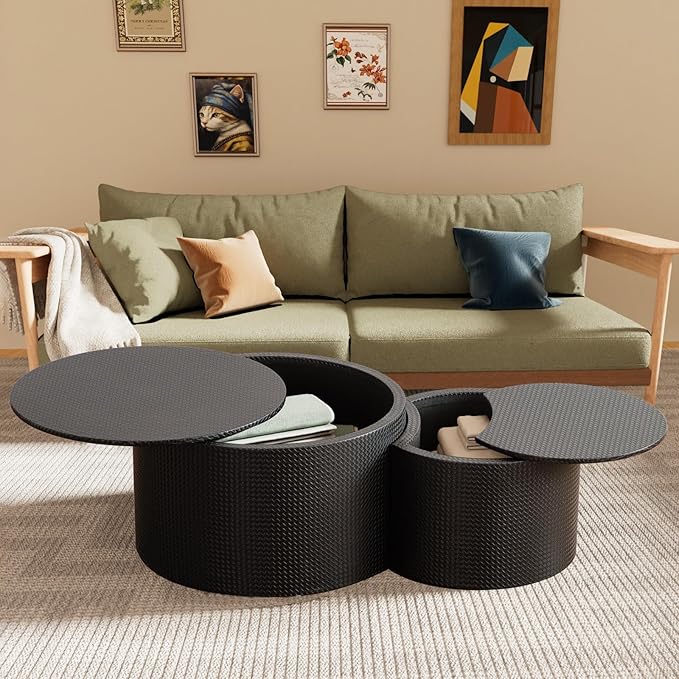 Round Nesting Coffee Table Set of 2, Round Fluted Coffee Tables with Storage for Living Room Leather Veneer Modern Nesting End Side Tables for Small Spaces (A Storage Black)