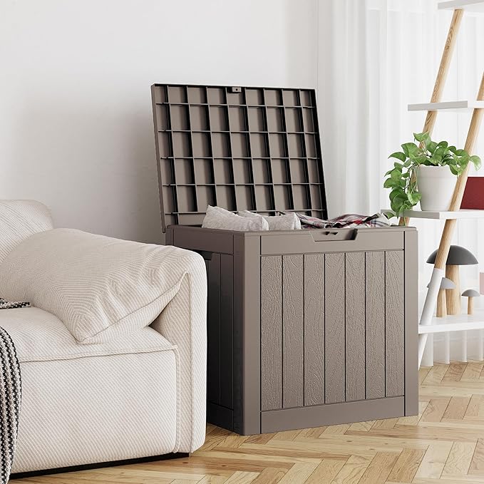 32 Gallon Deck Box Lockable Resin Indoor Outdoor Storage Box waterproof Outdoor Container for Patio Furniture, Pool Accessories, Cushions, Garden Tools, Sports Equipment