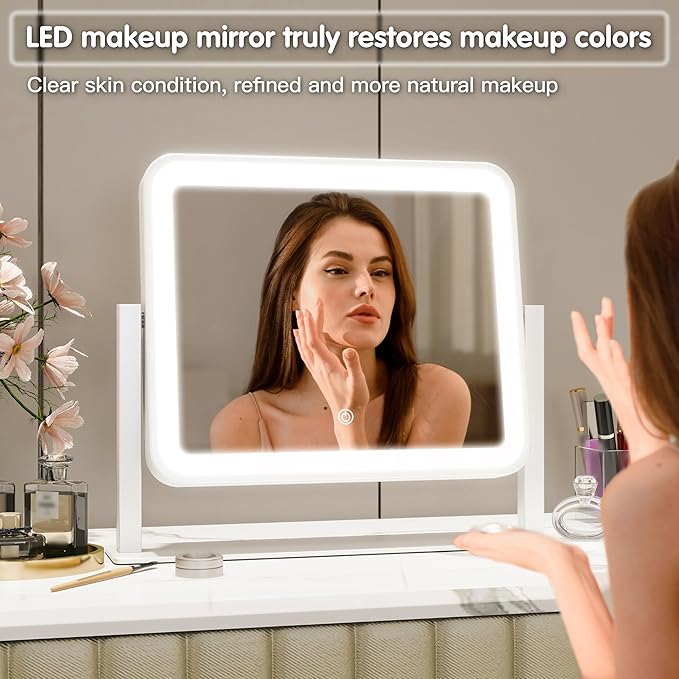 FENNIO Vanity Mirror with Lights 14"×12" Makeup Mirror with Lights,Lighted Vanity Mirror Tabletop,Smart Touch with 3-Color Lighting,Dimmable,for Vanity Desk Tabletop