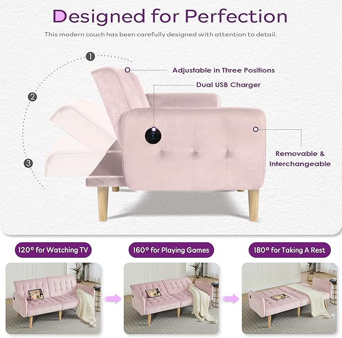 TYBOATLE 65" W Velvet Modern Convertible Folding Futon Couch Sofa Bed w/ 2 USB Charging Ports and arms, Loveseat for Compact Living Space, Dorm, Game Studio, Bonus Room, Apartment, Bedroom (Pink)