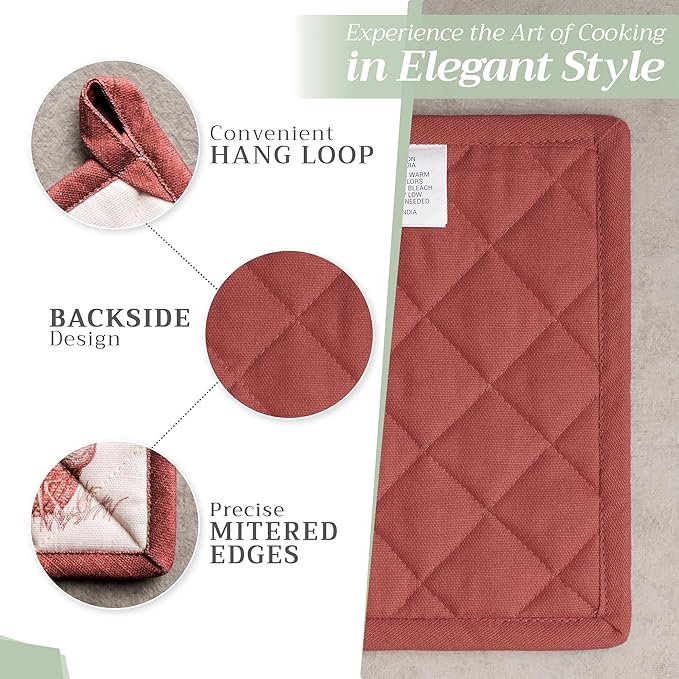Maison d' Hermine 100% Cotton Oven Mitt & Pot Holder Set (7.5"x13" & 8"x8") Heat Resistant BBQ Cooking Gloves with Loop for Thanksgiving Christmas Decorations Handling Hot Pans (Holy Jouy - Brown)