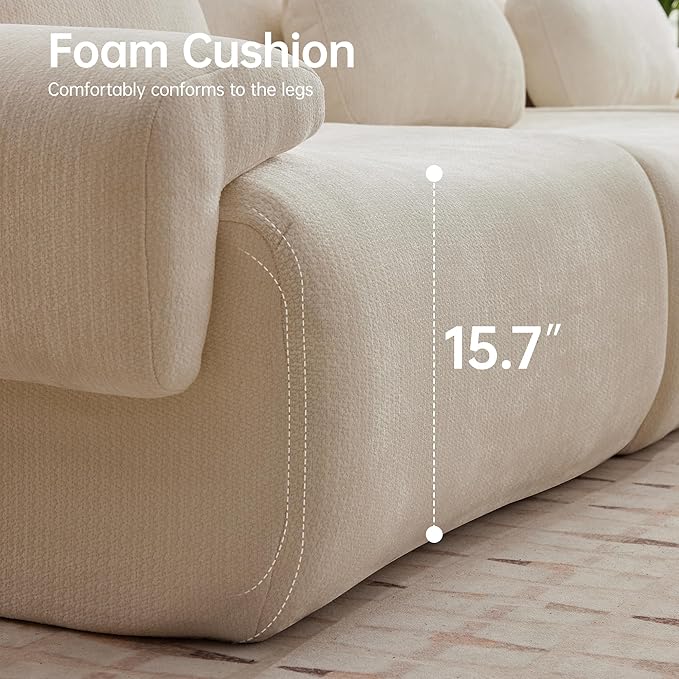 117”L Shaped Modern Sofa Modular Sectional Cloud Couch with Ottoman,Oversized Boneless Sofa,3+1 Seater Chenille Deep-Seat Sofa with 3 Pillows,Suitable for Living Room or Bedroom(White)
