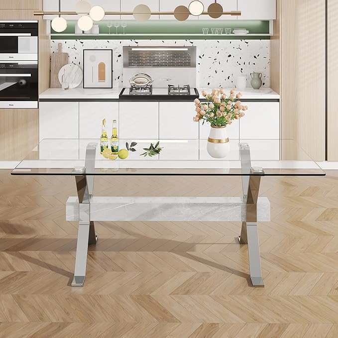 Modern Rectangular Glass Dining Table for 6-8 with Tempered Glass Tabletop and Silver Plated Metal Legs for Kitchen Dining Room(Silver4)